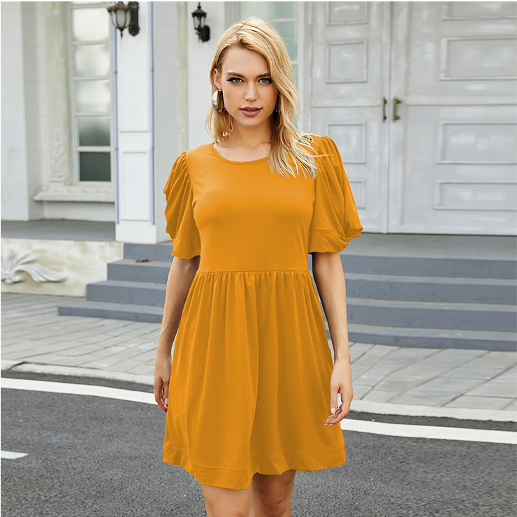 Elegant Country Style Yellow Puff Sleeve Round Neck Summer Day Mini ...