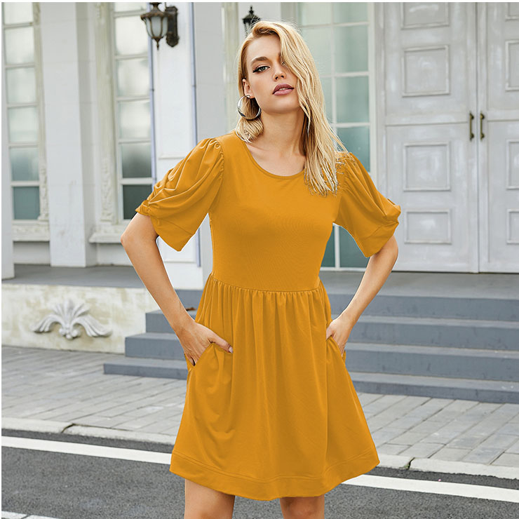 Elegant Country Style Yellow Puff Sleeve Round Neck Summer Day Mini ...