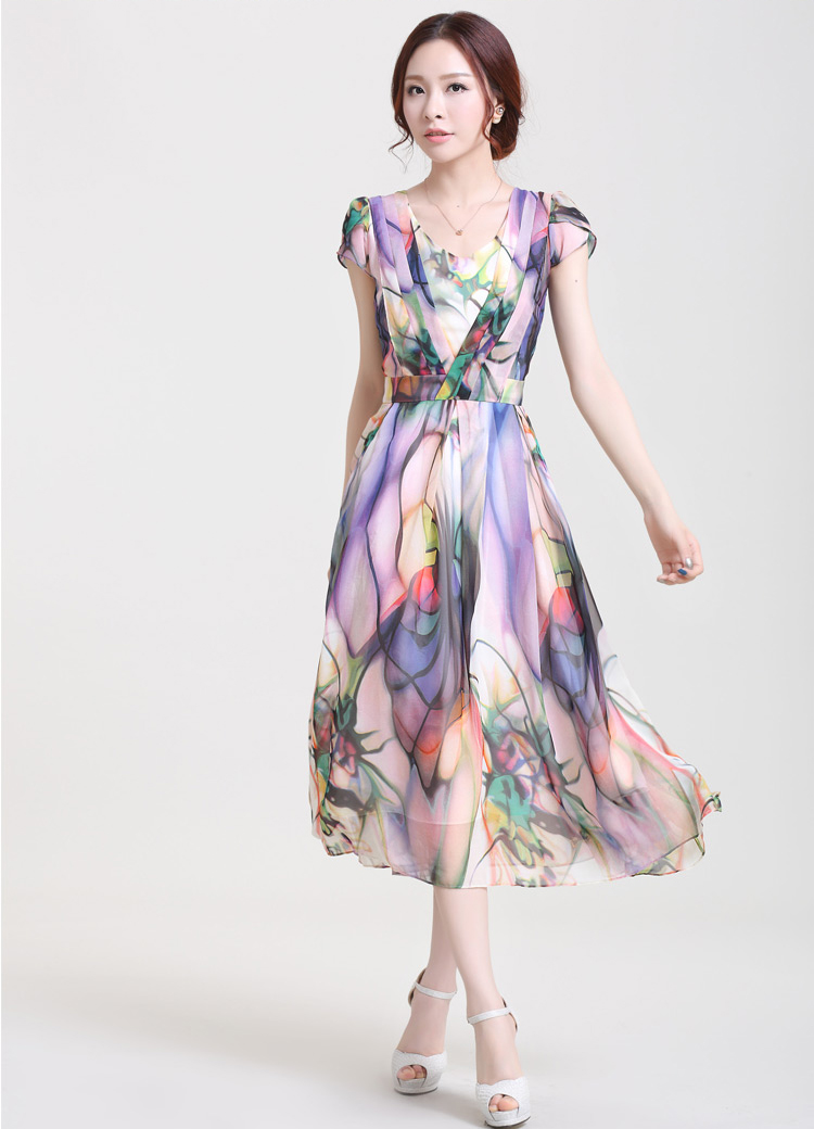 Elegant Floral Print Short Sleeve Long Dress N9072