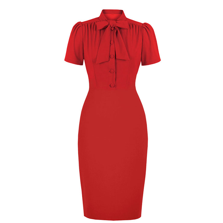 Elegant Red Half-high Neck Front Button Short Sleeve High Waist Midi Hip Dress N23041