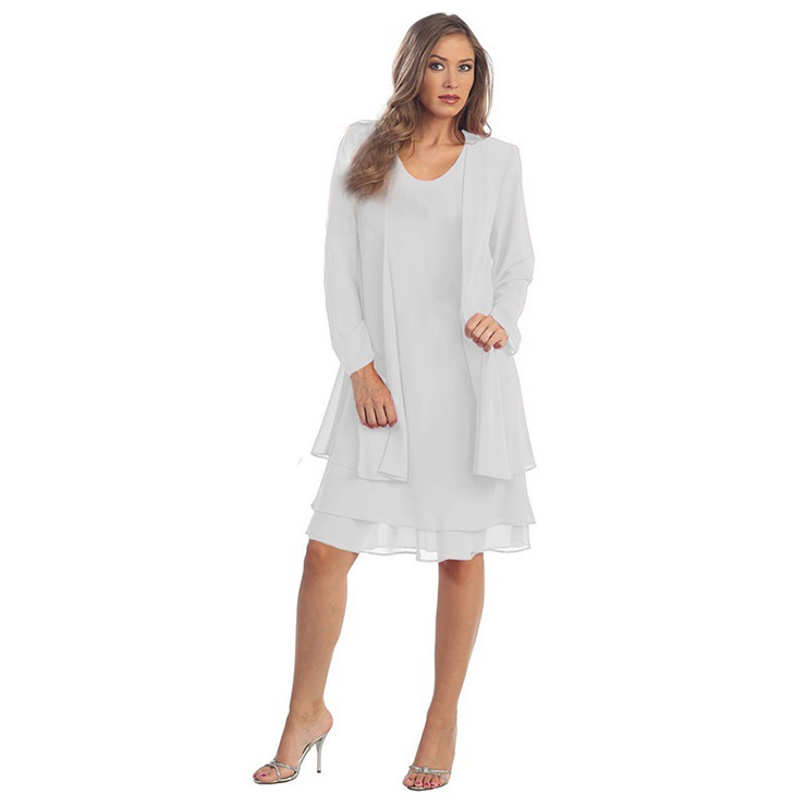 2pcs Elegant White Chiffon Scoop Neck Tank Dress and Tulle Thin Coat Office Lady Suit N18744