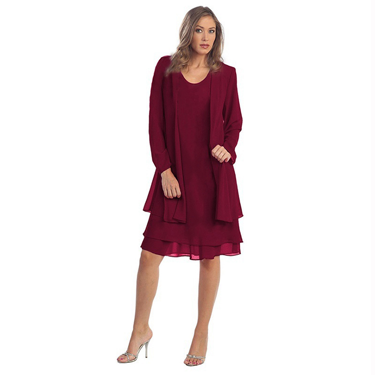 2pcs Elegant Wine Red Chiffon Scoop Neck Tank Dress and Tulle Thin Coat ...