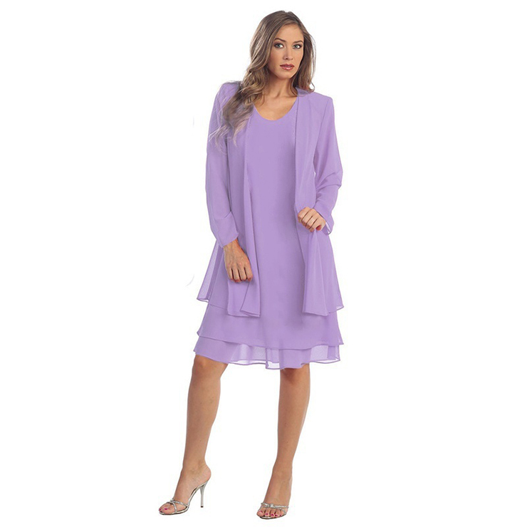 2pcs Elegant Purple Chiffon Scoop Neck Tank Dress and Tulle Thin Coat Office Lady Suit N18748