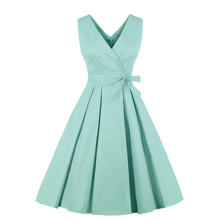 Green Elegant V-neckline Sleeveless Hight Waist Dress N18211