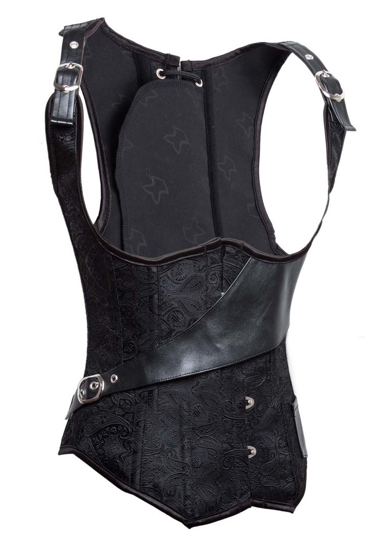 Side Faux Leather Buckle Underbust Corset, Punk Underbust Corset, Steampunk Underbust Corset, Black Jacquard Weave Leather Strap Underbust Corset, #N9561