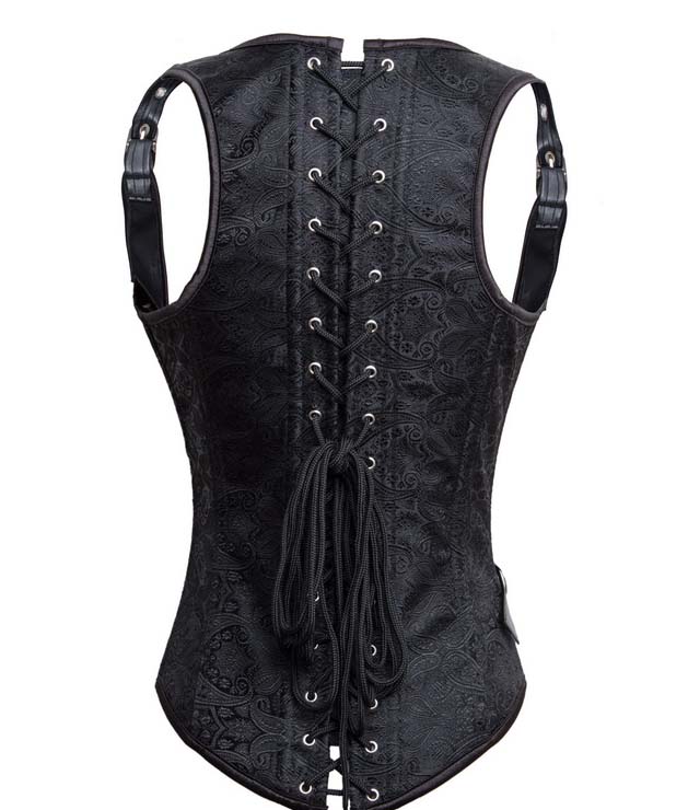 Side Faux Leather Buckle Underbust Corset, Punk Underbust Corset, Steampunk Underbust Corset, Black Jacquard Weave Leather Strap Underbust Corset, #N9561