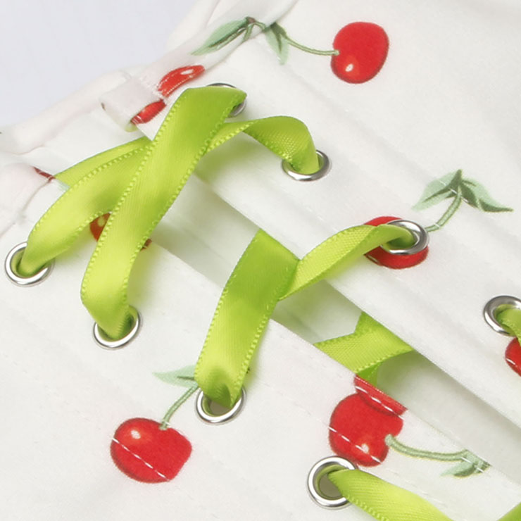 Vintage corset top, Cherry print blouse, Green lace-up detailing, Retro women