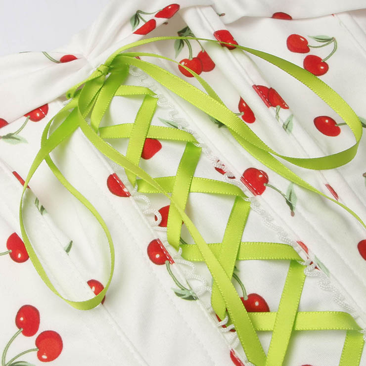 Vintage corset top, Cherry print blouse, Green lace-up detailing, Retro women