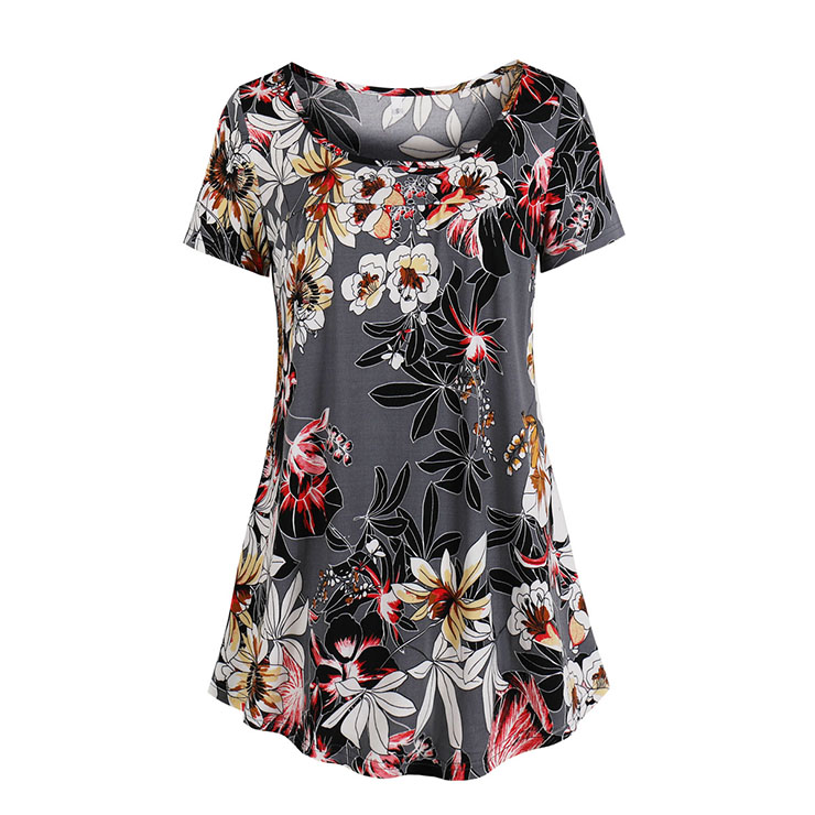 Fashion Casual Women's Gray-flower Round Neck Short-Sleeve Loose Fit ...