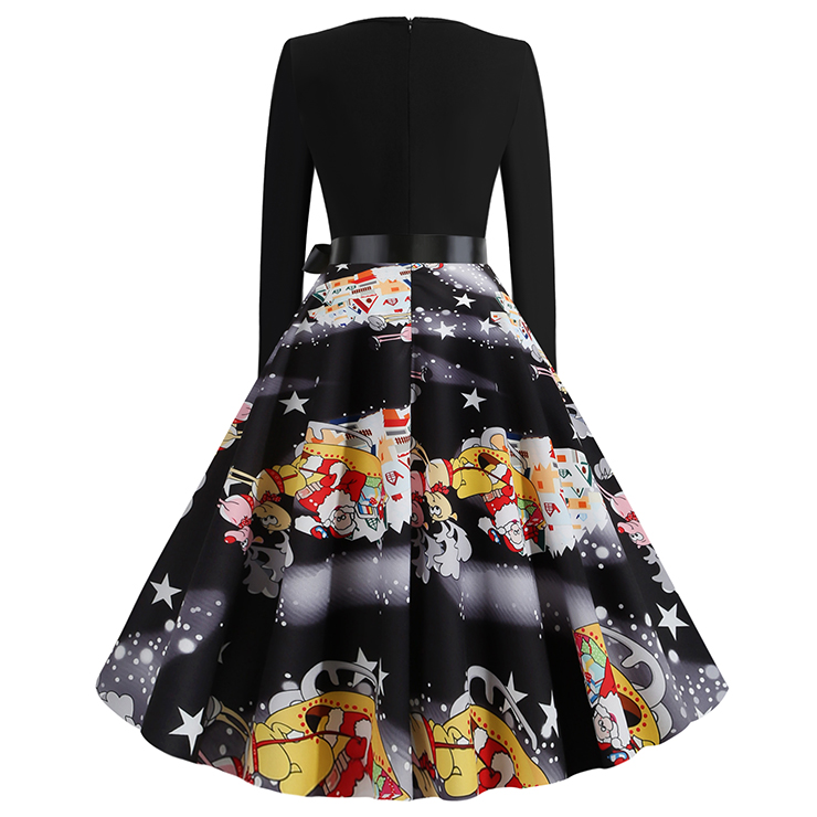 Fashion Santa Claus Print Long Sleeve Round Neckline Belted Christmas ...