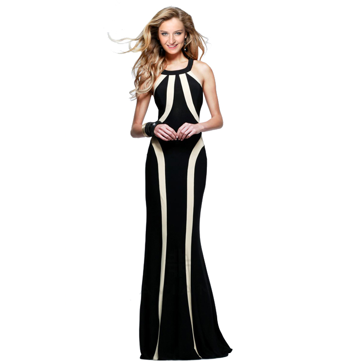 Fashion Elegant Black Stripe Sleeveless Long Dress N10859