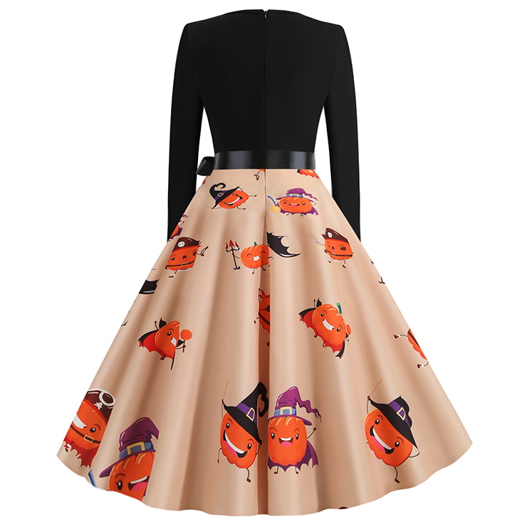 Fashion Halloween Pumpkin Printed Long Sleeve High Waist Belted Party ...