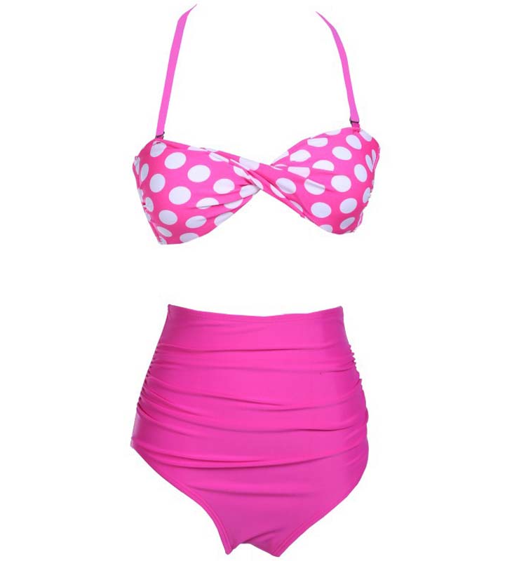 Fashion Hot-Pink Wave Point High Waist Bikini Set BK10297