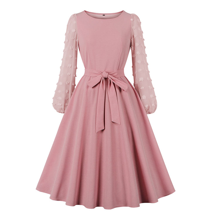 Fashion Round Neck Solid Color Long Puff Sleeve High Waist Cocktail Party A-line Dress N21616