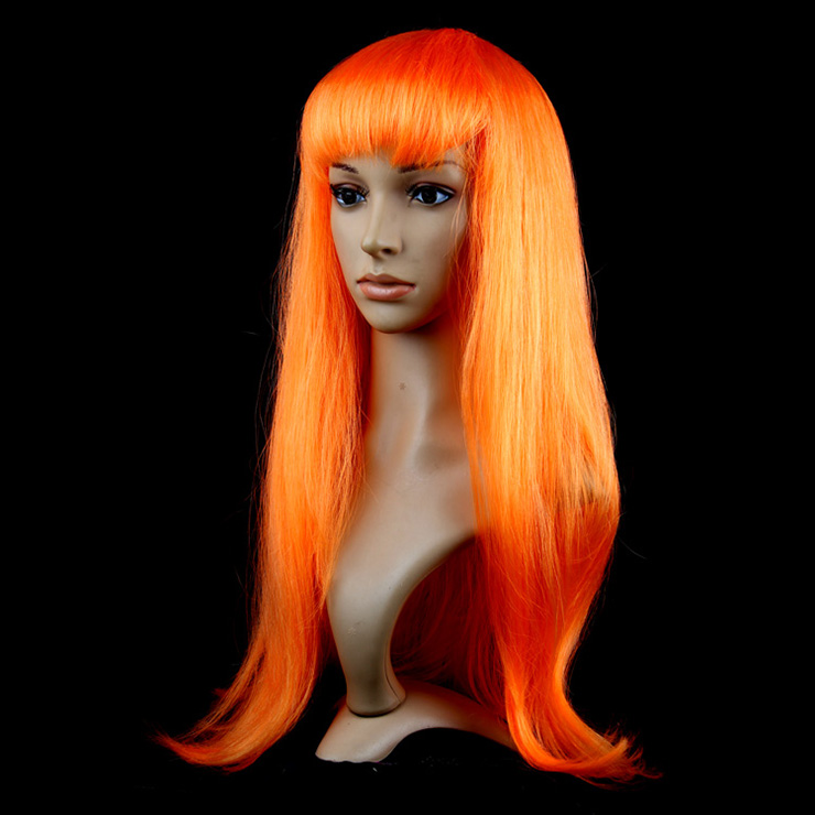 Fashion Orange Long Straight Wig, Orange Straight Bangs Long Wig, Sexy Masquerade Straight Hair Wig, Fashion Party Long Straight Wig, Long Straight Hair Cosplay Wig, #MS16116