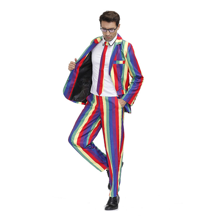Men 's Fashion Rainbow Stripes Print Personalized Party Suit Adult ...