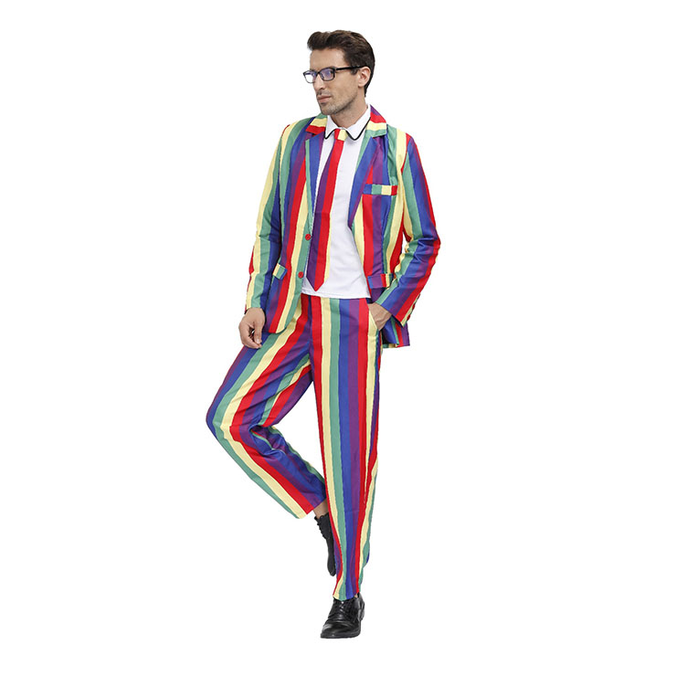 Men 's Fashion Rainbow Stripes Print Personalized Party Suit Adult ...