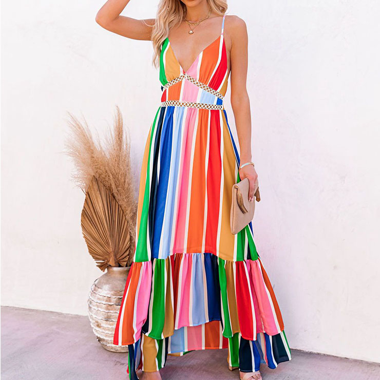 Fashion Rainbow Stripes Print Deep V Backless Lace Stitching Ruffle ...