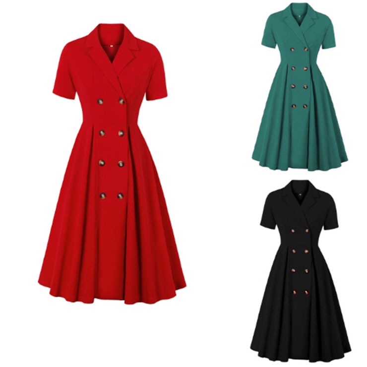 Sexy A-line Dress, Button Dress, Vintage Dresses for Women, High Waist Dresses for Women, Lapel Dress for Women, Daily Solid Color Dress,High Waist Midi Swing Dress, #N23039