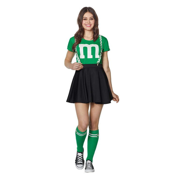 Fashion Spirit Halloween Adult Green M&M's Kit With Suspenders Skirt Cosplay Costume N20982