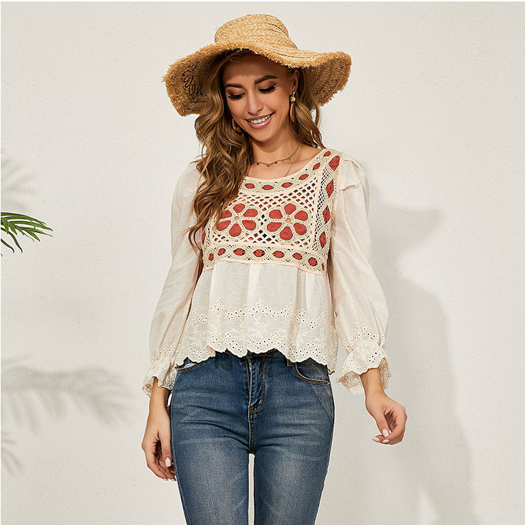 Embroidery Shirt Tops,Square Collar Casual Blouse,Casual Long Sleeve Top, Mid-length Blouses,Women Casual Blouse,Fashion Hollow out Shirt ,Spring Long Sleeve Fit Shirt , #N20931