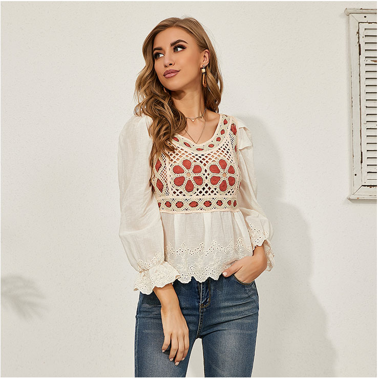 Embroidery Shirt Tops,Square Collar Casual Blouse,Casual Long Sleeve Top, Mid-length Blouses,Women Casual Blouse,Fashion Hollow out Shirt ,Spring Long Sleeve Fit Shirt , #N20931