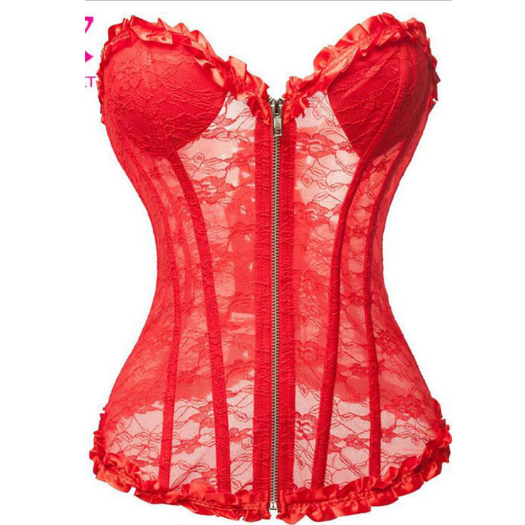 Sexy Fashion Zipper Red See-through Strapless Plastic Bones Corset N22639