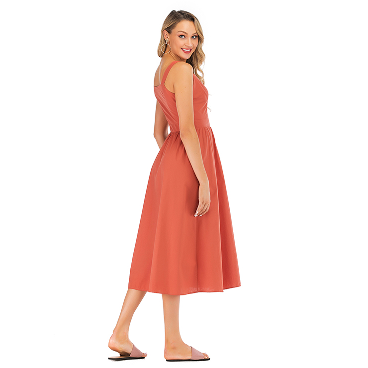 Casual Wide Straps Straight Neckline Side Button High Waist Summer Calf