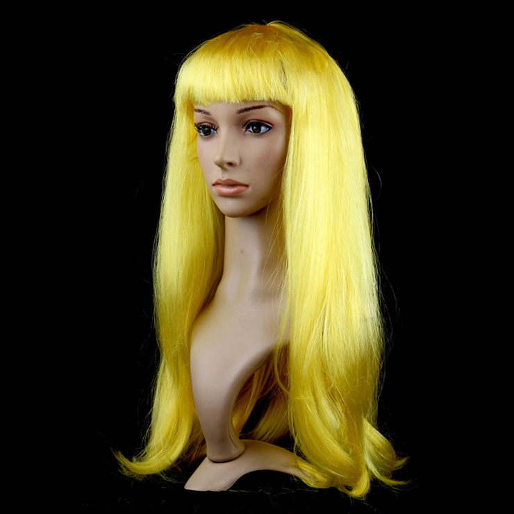 Women's Fashion Yellow Straight Bangs Cosplay Wig Long Straight Hair Wig MS16114