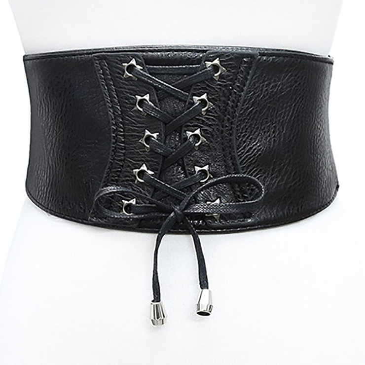 Fashion Black Faux Leather Lace-up Elastic Wide Waist Belt N17488