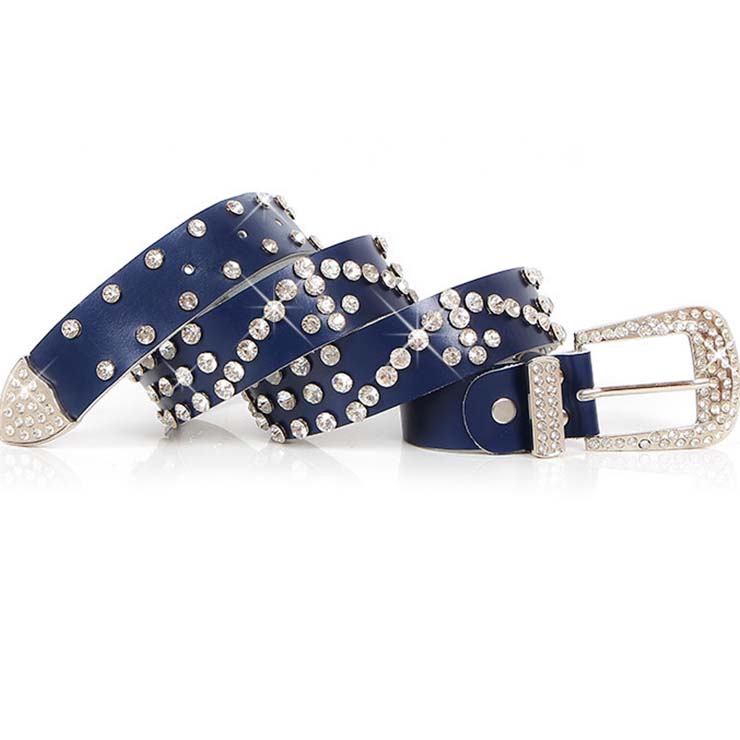 Women's Luxury Blue Faux Leather Rhinestone Jeweled Studded Waist Belt ...