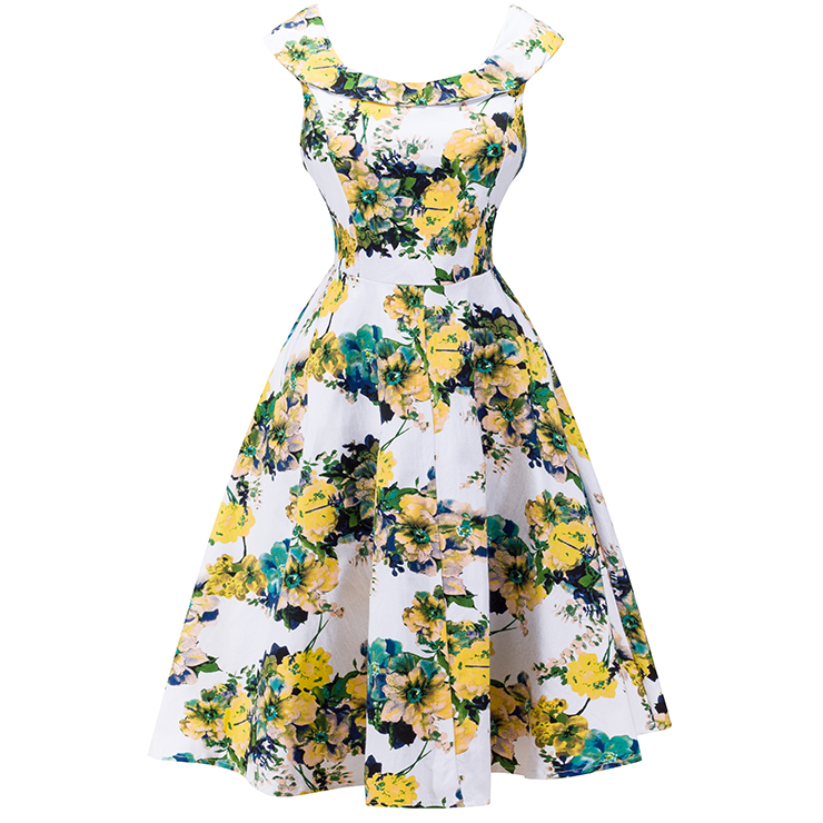 1950's Vintage Floral Print Sleeveless Cocktail Party Swing Dress N12516