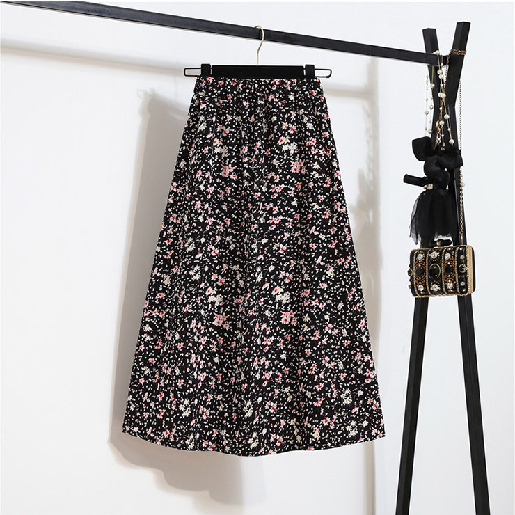 Fashion Long A-Line Skirt, Sexy High Waist Flared Skirt for Women, Fashion Floral Print Flared Long Skirt, Casual Flower Print A-Line Skirt, Retro Casual Printed A-Line Skirts, #N21052