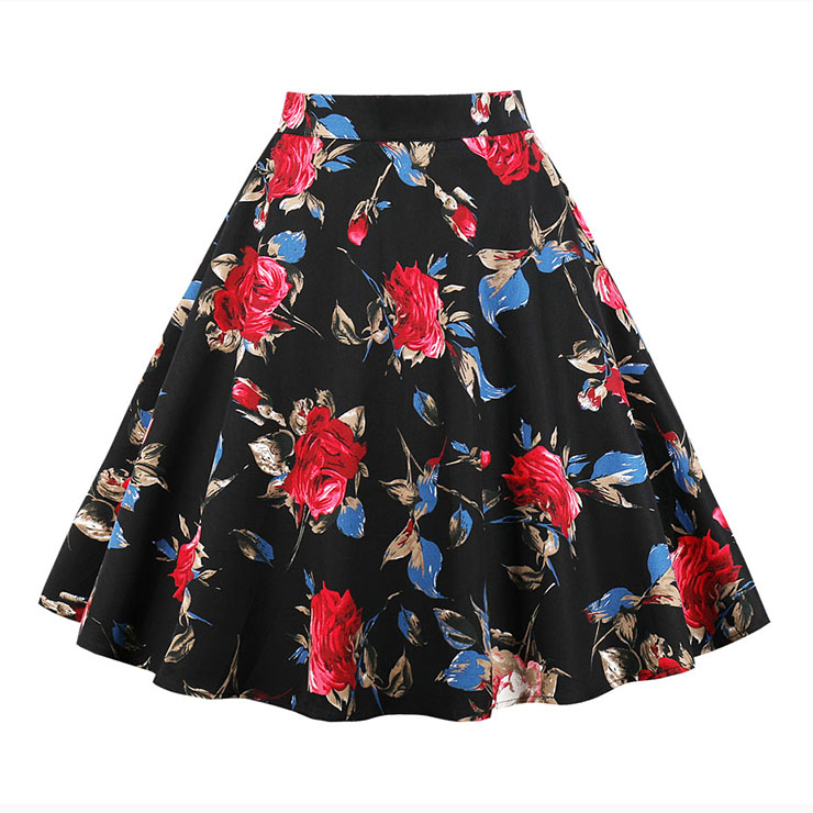 Casual Fashion Black Floral Print High Waist Flared Midi A-Line Skirt ...
