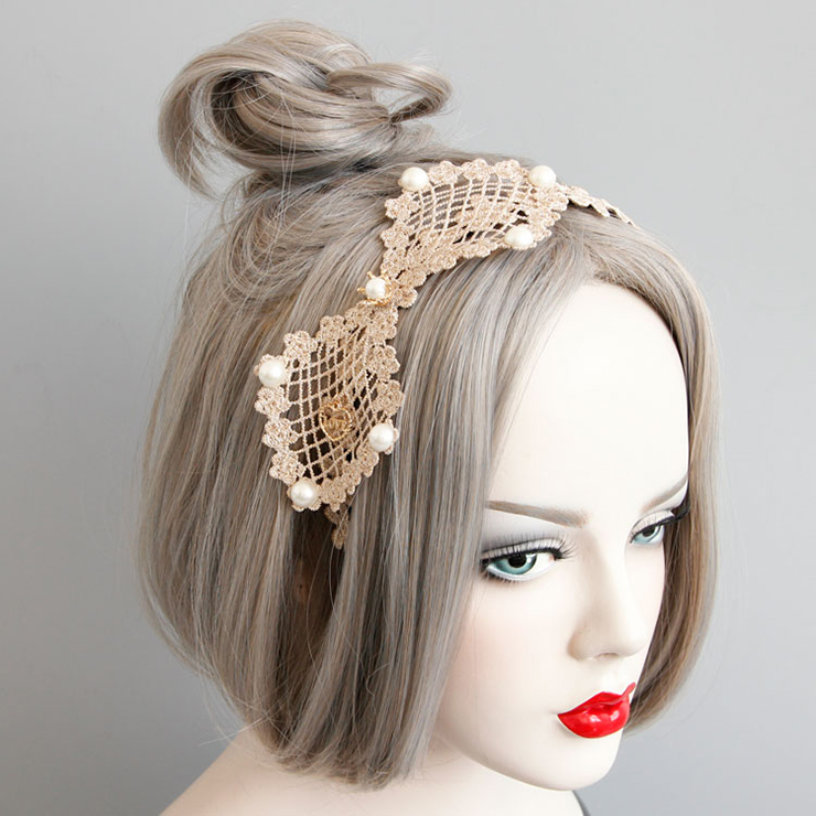 Apricot Bow Floral Lace Wedding Party Hairband J12920