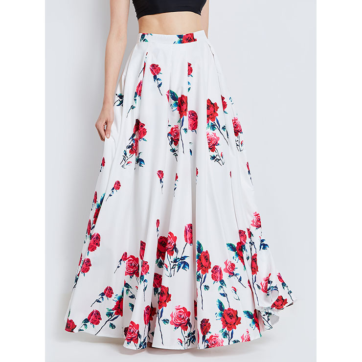 Fashion Women's High-Waist A-line Rose Print Maxi Skirt N15790