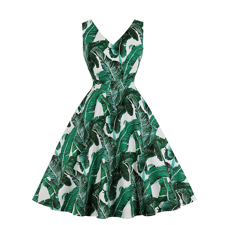 Fresh Women Green Leaf V Neck Sleeveless High Waist Midi A-Line Dress ...