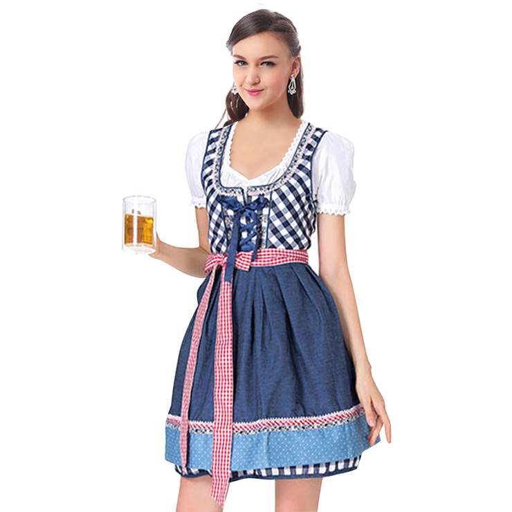 Girl's Oktoberfest Blue Grid Square Neckline Midi Dress Costume N18242