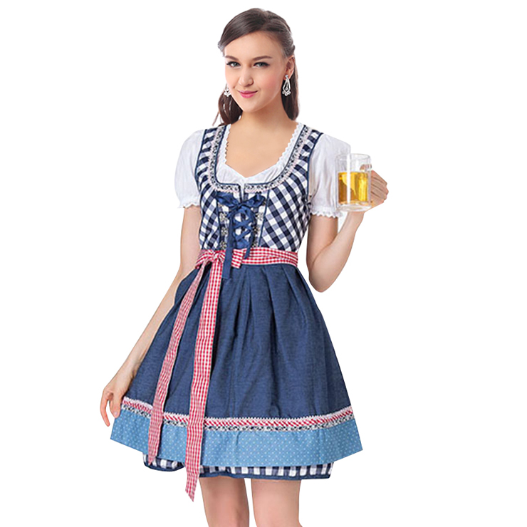 Girl's Oktoberfest Blue Grid Square Neckline Midi Dress Costume N18242