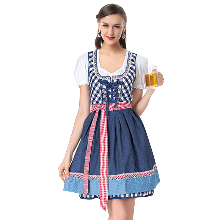 Girl's Oktoberfest Blue Grid Square Neckline Midi Dress Costume N18242