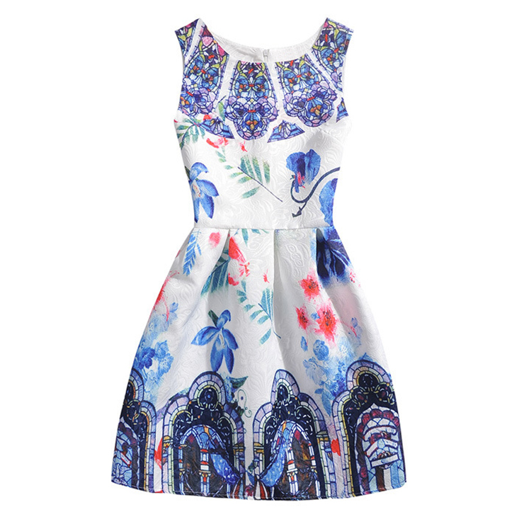 Girls' Vintage Round Neck Sleeveless Printed A-Line Casual Dress N15494
