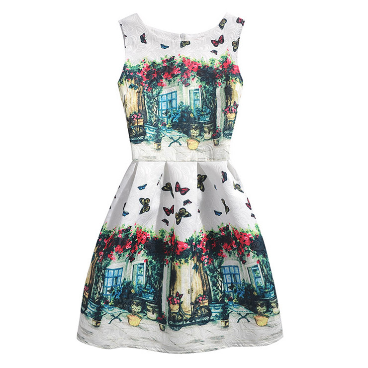 Girls' Round Neck Sleeveless Floral A-Line Vintage Retro Casual Dress N15495