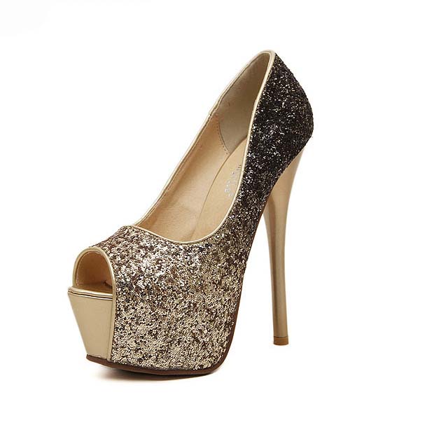 Fashion Gold and Black Gradient Shimmering Powder Peep Toe High Heels ...