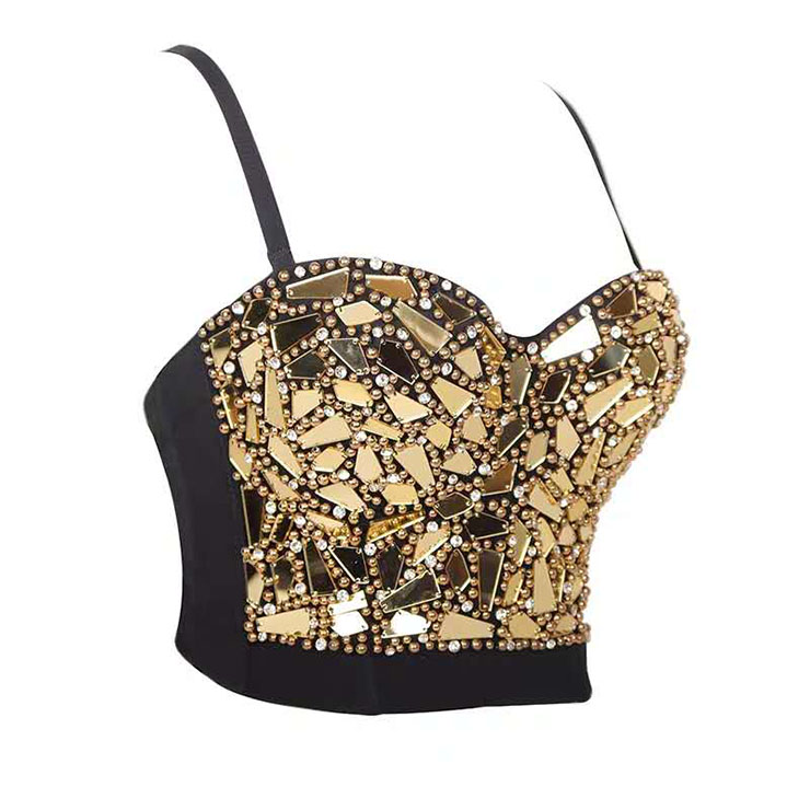 Womens Sexy Golden Sequins And Beads B Cup Bustier Bra Clubwear Crop