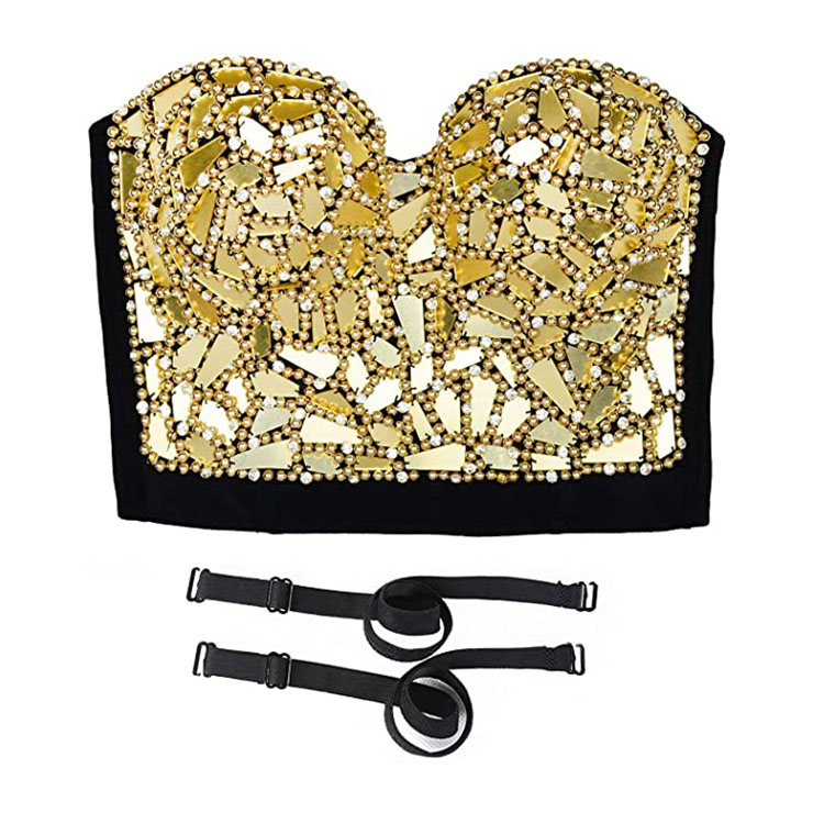 Womens Sexy Golden Sequins And Beads B Cup Bustier Bra Clubwear Crop 