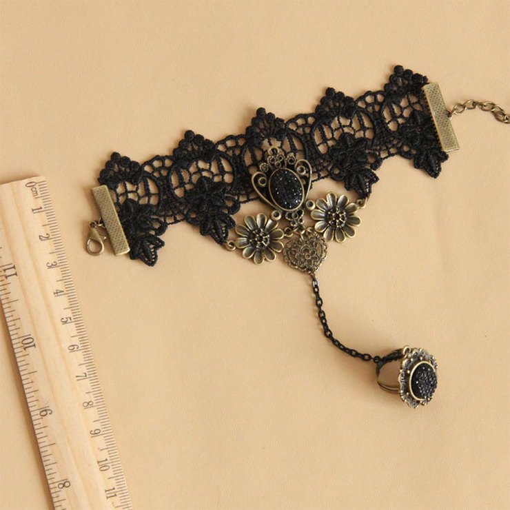 Gothic Black Lace Wristband Gem Bronze Daisy Embellished Bracelet with ...
