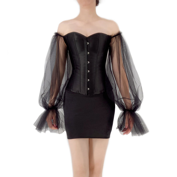 Gothic Black Off-shoulder Long Sleeves Overbust Corset with Elastic Tight Mini Skirt Set N22241
