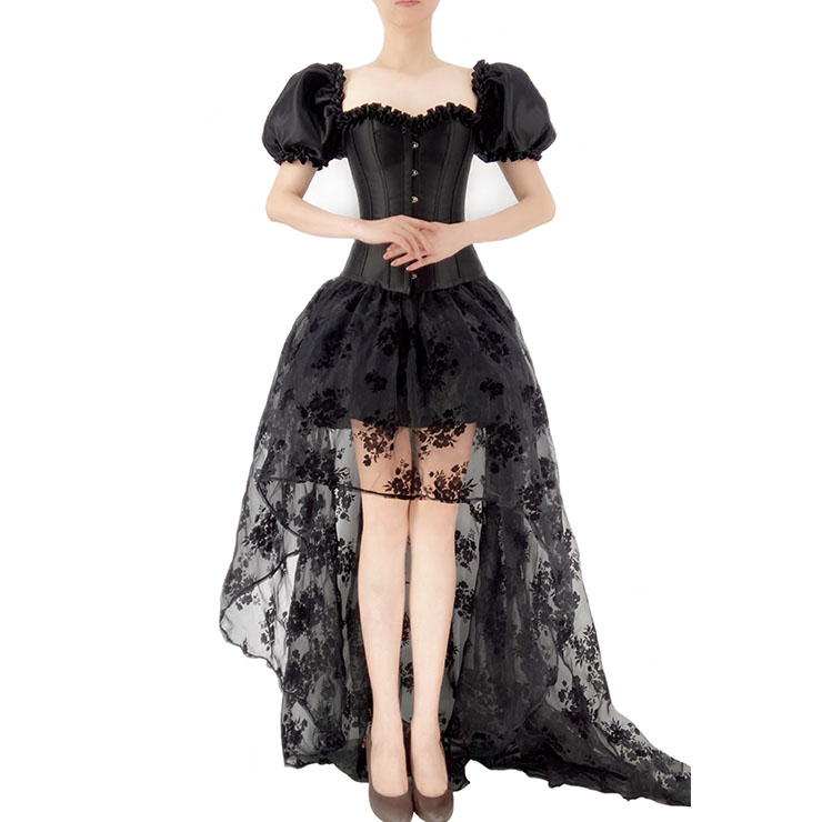 Gothic Black 12 Plastic Boned Puff Sleeves Overbust Corset with Organza High Low Skirt Set N22235