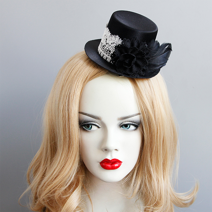 Gothic Hairclip, Cosplay Costume, Cosplay Accessory, Gothic Top Hat, Black Rose Hat, Retro White Lace Black Rose Top Hat Hairclip, #J18811