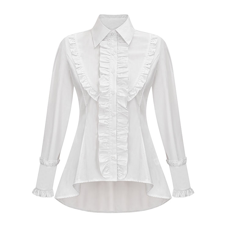 Victorian Retro White Ruffle Lapel Button Shirt Bishop Long Sleeve Lolita Blouse Top N22029